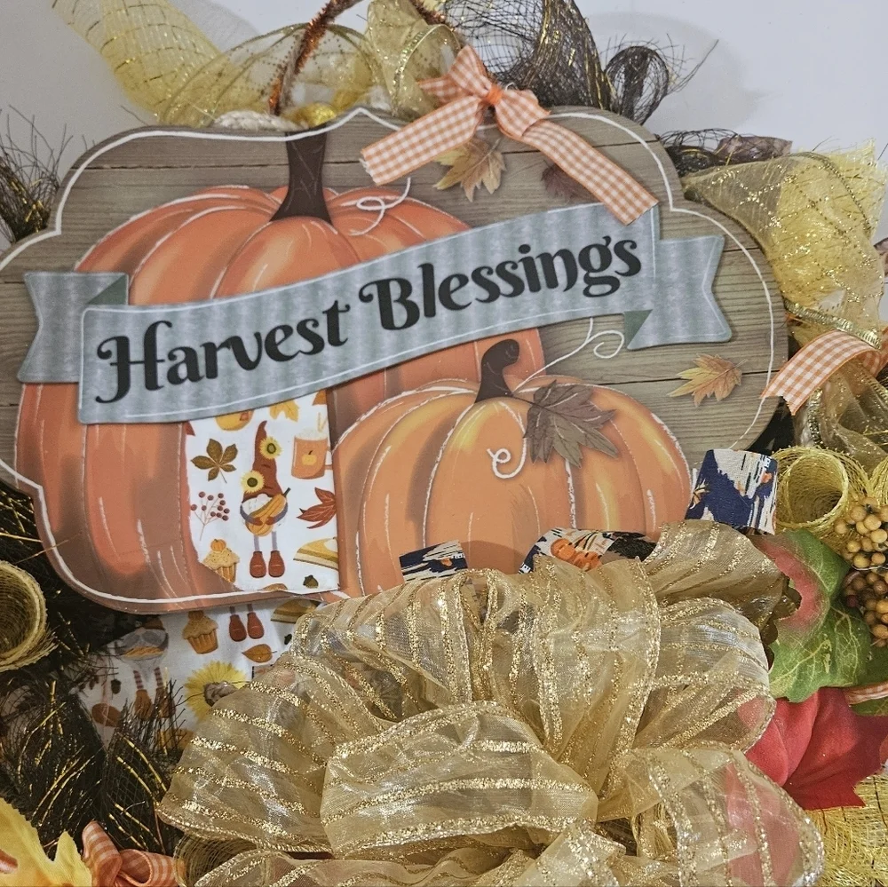 Hand Crafted handmade holiday wreath Harvest Blessings Gnome fabric plaid ribbon